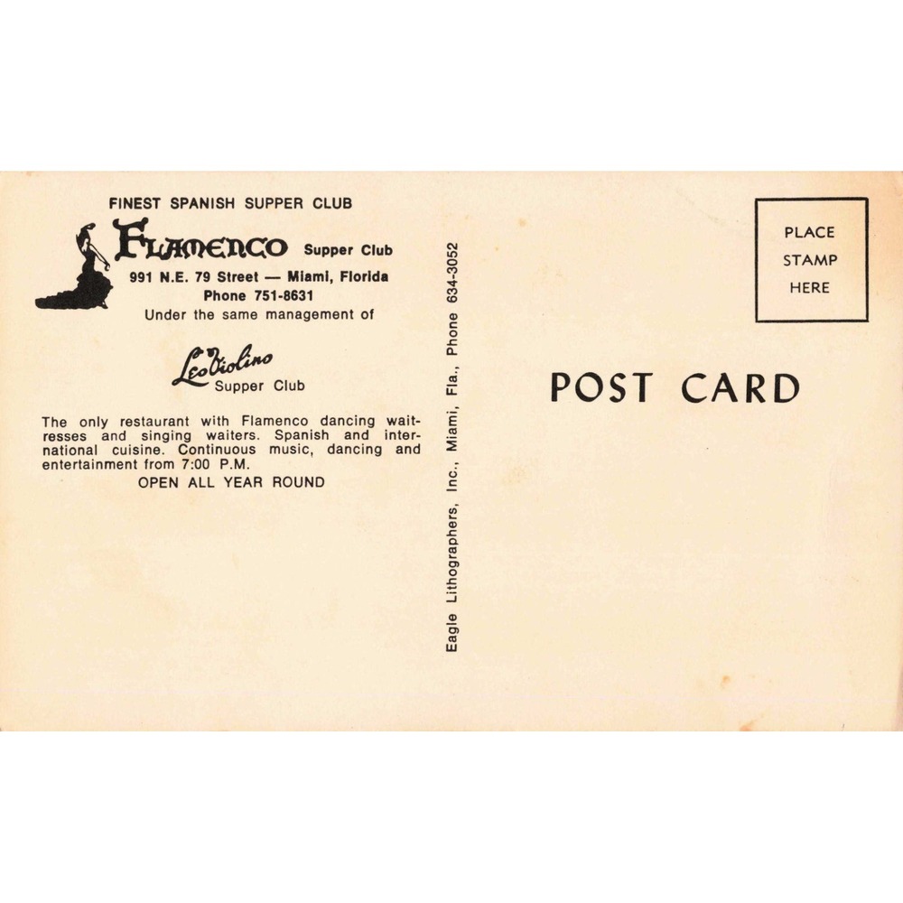 Vintage Flamenco Supper Club Miami Florida Spanish Restaurant Chrome Postcard - Picture 2 of 2